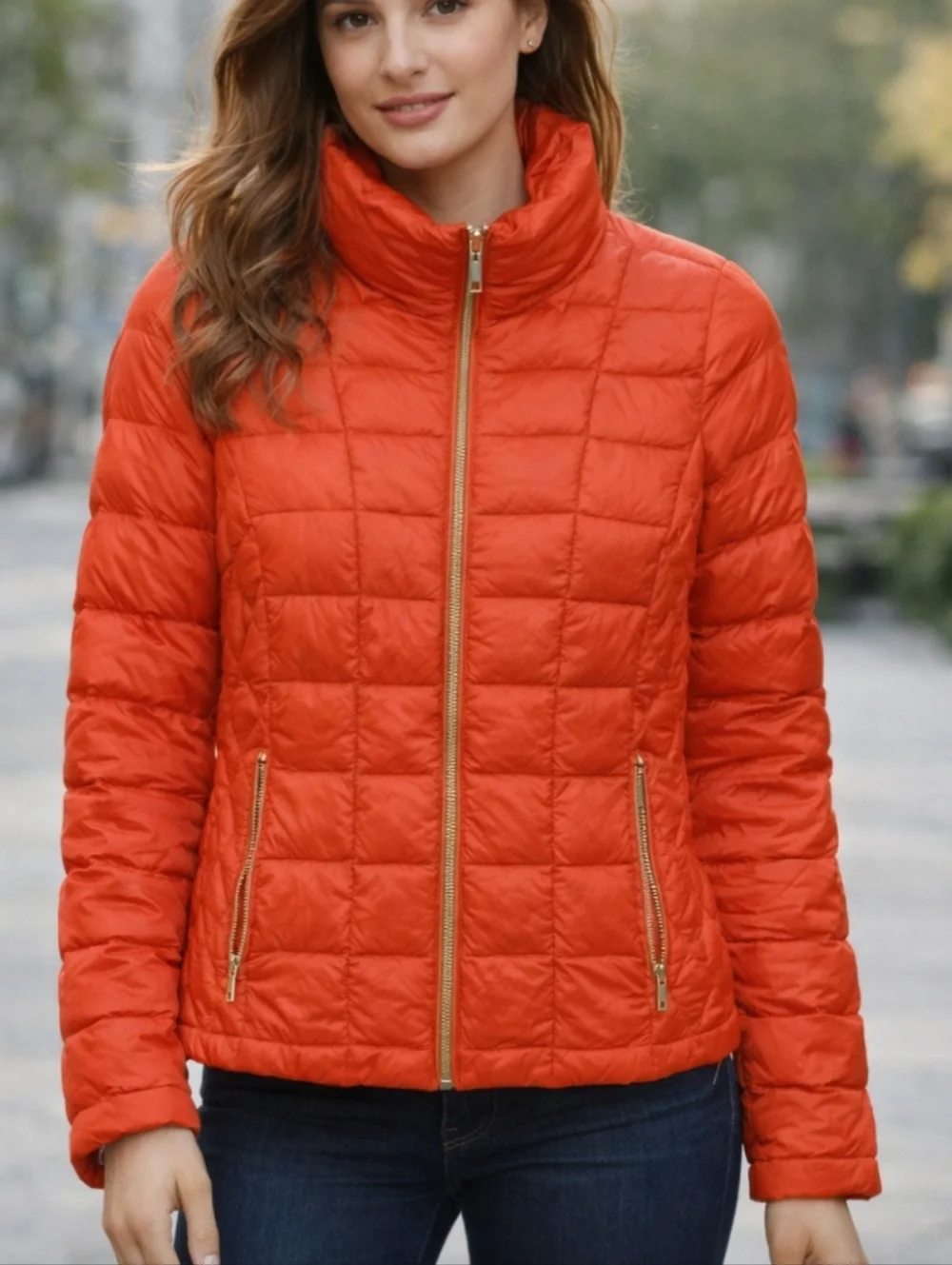 Michael Kors Women's Orange Quilted Puffer Jacket Small